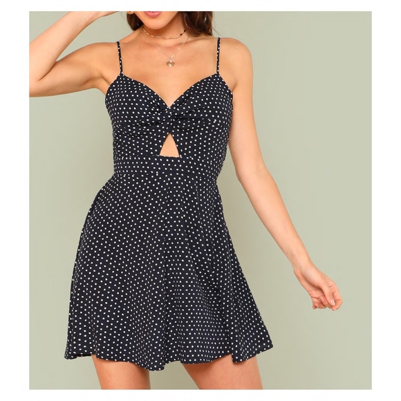 MBM Unlimited Dresses & Skirts - Dark Blue Polka Dot Front Knot Cami Dress